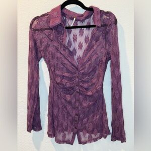 Free People SZ L flower fields purple sheer lace button down top